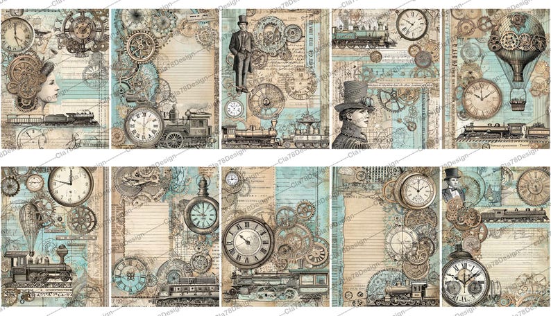 May include: Twelve digital paper squares with a steampunk theme. Each square features a different design with gears, clocks, trains, and other vintage elements. The squares are in shades of blue, brown, and beige.