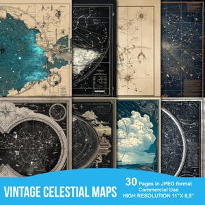 Mapas celestiales vintage, paquete de papeles digitales de astrología estelar, descarga instantánea, decoupage, álbumes de recortes, papeles de diario basura