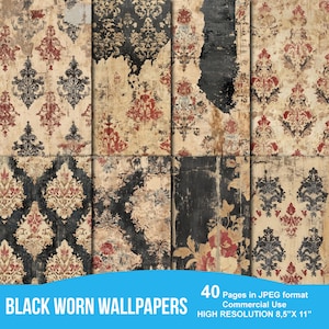 Shabby Worn Zwart Behang Digitale Papieren Junk Journal Handtekeningen Grunge Paper Pack Afdrukbare Cardmaking Supply Scrapbooking Papers