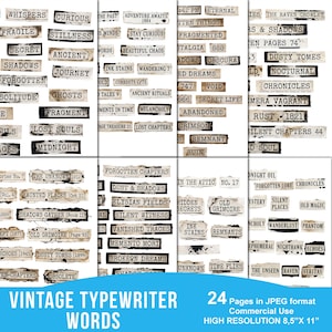 Puede incluir: Una colección de tiras de palabras al estilo de máquina de escribir vintage con varias frases oscuras y misteriosas como Whispers, Lost Souls, Memento Mori y Forgotten Chapters, en texto negro sobre trozos de papel envejecidos.