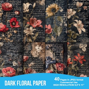 Könnte beinhalten: Eine Sammlung dunkler floraler Papierbögen mit verschiedenen Blumen wie Mohnblumen, Lilien und Sonnenblumen. Das Papier hat eine Vintage-Ästhetik mit handschriftlichem Skript und dem Text "DARK FLORAL PAPER". Jedes Blatt ist 21,6 x 27,9 cm groß.