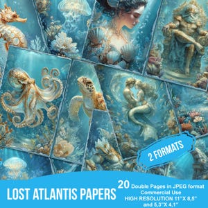 Lost Atlantis Junk Journal Papier, druckbare Unterwasser Ephemera, Ocean Marine Scrapbooking Collage Sheet, Hintergrund Mixed Media, Mini Bücher
