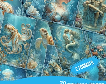 Lost Atlantis Junk Journal Paper, Underwater Printable Ephemera, Ocean Marine Scrapbooking Collage Sheet, Background Mixed Media, Mini Books