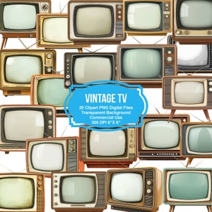 Op de afbeelding: Een verzameling van 20 vintage televisies in verschillende formaten en kleuren. De televisies zijn in een willekeurig patroon gerangschikt, waarbij sommige elkaar overlappen. De afbeelding is een digitaal clipart-bestand met een transparante achtergrond. VINTAGE TV 20 Clipart PNG Digital Files Transparent Background Commercial Use 300 DPI 6"X 6"