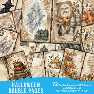 May include: A collection of 72 digital double pages featuring Halloween-themed illustrations including ghosts, pumpkins, vintage books titled Ghostly Tales, potion bottles, black cats, and autumn leaves, presented in a high-resolution 11 by 8.5 inch format.