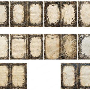 May include: A collection of antique-style journal pages with ornate, dark brown borders and aged paper textures. The pages feature decorative floral and celestial designs, perfect for scrapbooking or crafting projects.