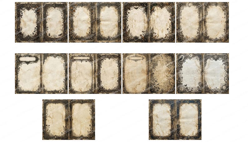 May include: A collection of antique-style journal pages with ornate, dark brown borders and aged paper textures. The pages feature decorative floral and celestial designs, perfect for scrapbooking or crafting projects.