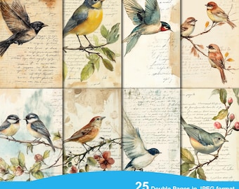 Bird Garden Junk Journal Pages, Bird Ephemera, Scrapbook printable, Printable Paper, Digital Collage, Spring Pages, Digital Collage