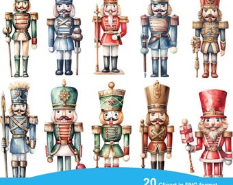 Watercolor Nutcracker Clipart, Printable 20 PNG image, Decorative Gift Ornament Fussy Cuts Sticker Transparent Background, Instant Download