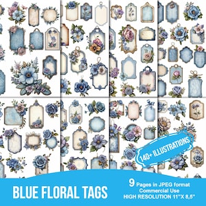Peut inclure: Neuf pages de tags floraux bleus imprimables numériques avec plus de 140 illustrations. Chaque page mesure 11 pouces par 8,5 pouces. Les étiquettes sont au format JPEG haute résolution et sont destinées à un usage commercial.