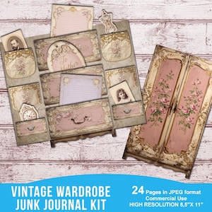 May include: A digital junk journal kit featuring 24 pages in JPEG format, 8.5" x 11". The pages display vintage-style illustrations of wardrobes, floral patterns, ornate gold frames, lined stationery, and sepia-toned portraits of people.