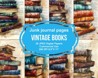 25 Vintage Books Junk Journal Printable Pages, Junk Journal Kit, Scrapbook printable, Printable Paper, Digital Collage, Instant Download