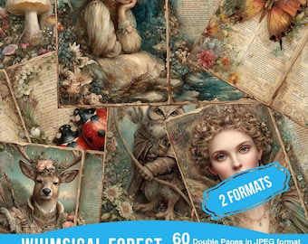 Whimsical Forest Fairy Junk-dagboekpagina's – Afdrukbare fantasy-ephemera-scrapbooking, kunstdagboeken, collage en papierkunst en miniboeken