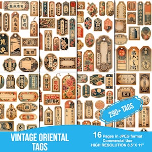 Oriental Tags, Vintage Label Ephemera Lieferungen, orientalische Tags gealtert und ruiniert für Junk-Journal, Scrapbooking Digital Collage, wählerische Schnitte