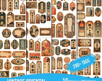Oriental Tags, Vintage Label Ephemera Supplies, Oriental Tags Aged And Ruined For Junk Journal, Scrapbooking Digital Collage,Fussy Cuts
