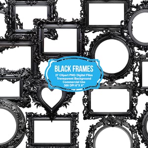 Black Frames Clipart - Rococo And Baroque Vintage Clip Art Graphics For Altered Art Or Junk Journals. Instant Download-Commercial Use