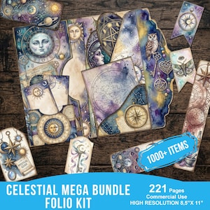 Könnte beinhalten: Eine Sammlung von Papieren zum Thema Himmelskörper, darunter Seiten mit astrologischen Karten, Sonnen- und Mondillustrationen und dekorativen Anhängern. Die Farbpalette umfasst Blau-, Lila- und Goldtöne. Der Text auf dem Bild lautet "CELESTIAL MEGA BUNDLE FOLIO KIT".