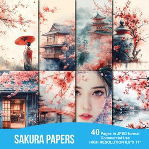 Paquete de papel digital Sakura / Páginas de álbum de recortes japonesas / Kit de diario basura de flor de cerezo / Estética floral imprimible / Descarga instantánea