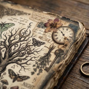 May include: An open, aged book with illustrations of a tree, keys, moths, and a clock. A dried flower and a gold ring rest on the pages. The book's pages are worn and tattered, with handwritten text and decorative elements.