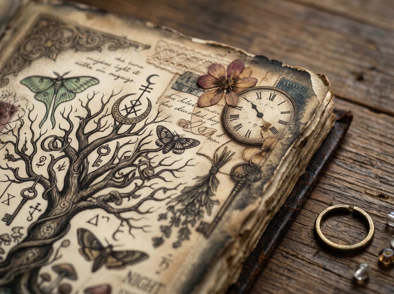 May include: An open, aged book with illustrations of a tree, keys, moths, and a clock. A dried flower and a gold ring rest on the pages. The book's pages are worn and tattered, with handwritten text and decorative elements.