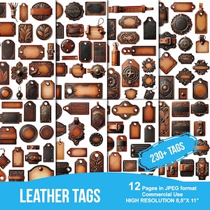 Puede incluir: Un conjunto de 12 páginas de diseños de etiquetas de cuero imprimibles en un esquema de colores marrón, tostado y negro. Las etiquetas presentan varios elementos decorativos, como hebillas, remaches y costuras. El texto "230+ TAGS" y "LEATHER TAGS" es visible en la imagen. La imagen está etiquetada como "12 páginas en formato JPEG, uso comercial, ALTA RESOLUCIÓN 8,5" x 11" ".