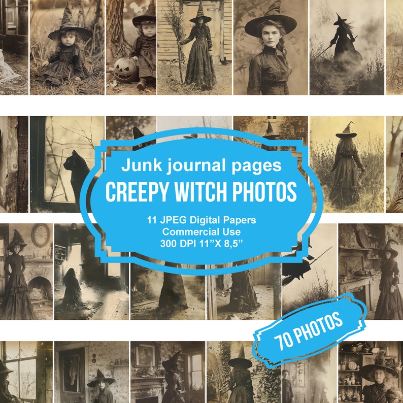Pode incluir: Uma colagem de 70 fotos vintage com mulheres vestidas de bruxas. As fotos est&atilde;o em preto e branco e em tons s&eacute;pia. A colagem &eacute; intitulada "Junk journal pages CREEPY WITCH PHOTOS" e inclui o texto "11 JPEG Digital Papers Commercial Use 300 DPI 11"X 8.5" 70 PHOTOS".