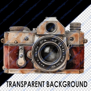 May include: A vintage camera with a brown leather body and a silver lens. The camera has a worn, aged look, with visible scratches and scuffs. The lens has a black rim and a silver ring around the edge. The camera is set against a white background.