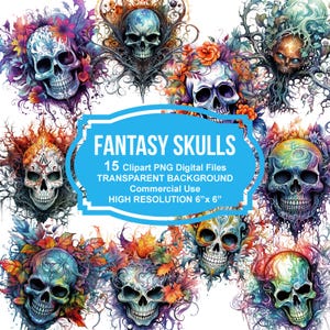 Halloween Skull Clipart, Spooky PNG Halloween Clipart, Watercolor Scary Mystic Clipart, Fantasy Skull, Print Scrapbooking Papercraft