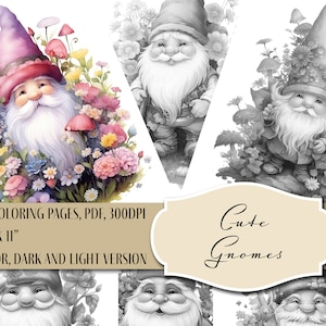 10 Grayscale Cute Gnomes Coloring Book, Printable Adult Coloring Pages, Instant Download Illustration | Printable PDF file