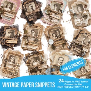 May include: A collection of vintage paper snippets featuring sepia-toned portraits, burlap, lace, twine, buttons, keys, and safety pins. The set includes 144 elements across 24 pages in JPEG format, with high resolution 11 inch by 8.5 inch dimensions.