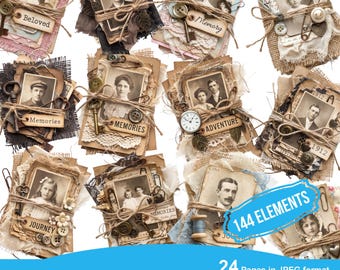 Vintage Paper Snippets, Layered Ephemera Clusters, Printable Junk Journal Elements, Antique Portrait Scrapbook Embellishments