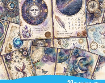 Celestial Double Journal Pages, Vintage Astrology Junk Journal Spreads, Mystical Sun and Moon Scrapbook Paper, Magic Grimoire Printables