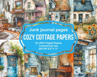 May include: A set of 20 digital papers featuring watercolor illustrations of cozy cottages, flowers, and handwritten text. The papers are 8.5 inches by 11 inches and 300 DPI, suitable for commercial use.