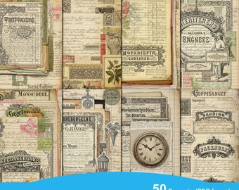 May include: A collage of vintage ephemera papers with aged textures, handwritten script, and antique illustrations. The papers include ledger pages, stamps, and botanical prints. The text at the bottom reads "VINTAGE EPHEMERA PAPERS".