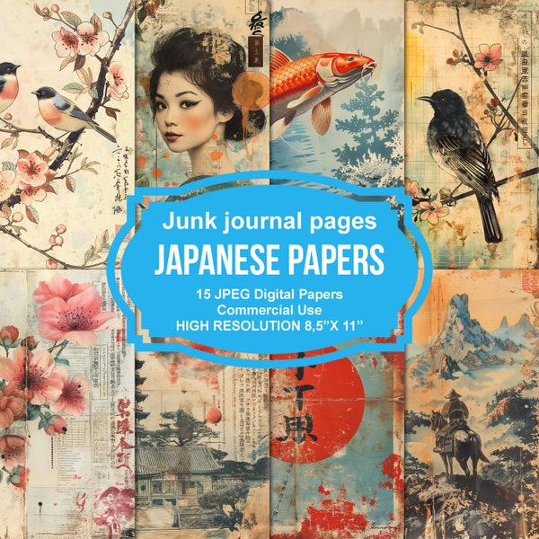 Japon vintage Junk Journal Pages, kit de papier pour scrapbooking numérique, éphémères japonais, feuille de collage imprimable, fond asiatique, estampes orientales