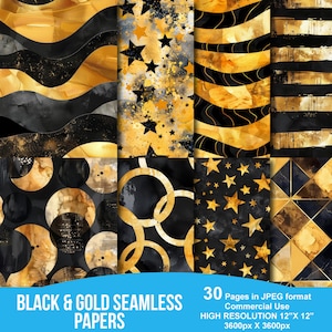 Nahtloser, eleganter, schwarzer und goldener Digital-Papiere, schwarze und goldene Folienhintergründe, sofortiger Download für kommerzielle Nutzung, Scrapbooking