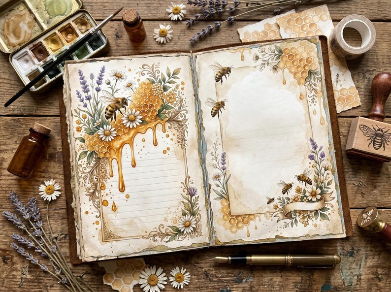 Vintage Bee Junk Journal Pages | Rustic Apiary Double Spread ...