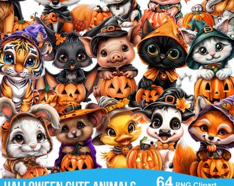 Aquarell Halloween Tiere Sammlung Clipart, 64 PNG Halloween Clipart, süße Halloween Tiere Clipart, Tier PNG Bündel, kommerzielle Nutzung