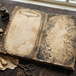 May include: An open, antique-style journal with aged pages, intricate floral and butterfly illustrations, and lined pages. A brass pen, ink bottle, and small scissors are nearby, suggesting a vintage aesthetic. A small bottle with dried flowers and a wax seal are also present.