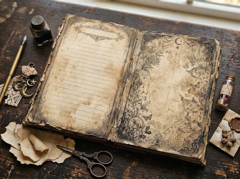 May include: An open, antique-style journal with aged pages, intricate floral and butterfly illustrations, and lined pages. A brass pen, ink bottle, and small scissors are nearby, suggesting a vintage aesthetic. A small bottle with dried flowers and a wax seal are also present.