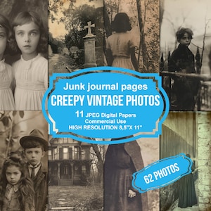 Fotos vintage espeluznantes, páginas imprimibles, kit de diario basura, álbum de recortes imprimible, papel imprimible, collage digital, descarga instantánea