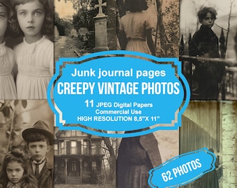 Creepy Vintage Photos, Printable Pages, Junk Journal Kit, Scrapbook printable, Printable Paper, Digital Collage, Instant Download
