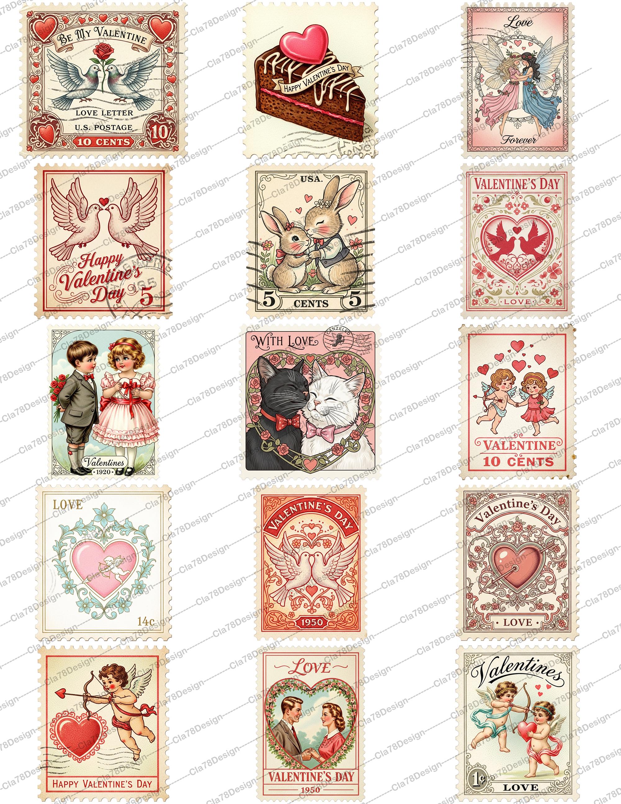 Vintage Valentine Ephemera Stamps, Printable Stamp Sheets, Digital ...