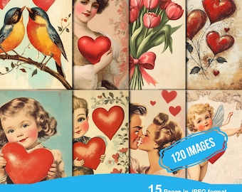 Paquete de efímeras vintage de San Valentín, diario basura romántico, imprimible, postal ATC floral de amor victoriano, papel de corazón, tarjeta retro para el Día de San Valentín
