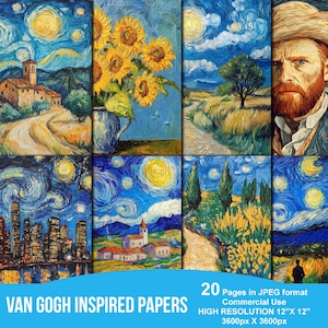 Papéis inspirados em Vincent Van Gogh, papel digital Van Gogh, uso comercial, download digital, arquivos de sublimação, papéis para decoupage
