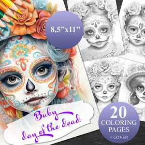 20 Beautiful Baby Day Of The Dead Coloring Pages + Cover, Printable Adult Coloring Book, Instant Download Illustration, 1 PDF file 8,5&quot;x11&quot;