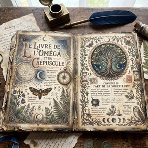 May include: An open book titled "LE LIVRE DE L'OM&Eacute;GA ET DU CR&Eacute;PUSCULE" with detailed illustrations of celestial bodies, a moth, and a tree of life. The book is surrounded by vintage items like a quill, inkwell, and stamps.
