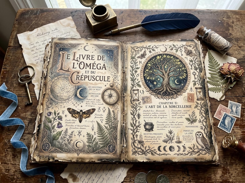 May include: An open book titled "LE LIVRE DE L'OM&Eacute;GA ET DU CR&Eacute;PUSCULE" with detailed illustrations of celestial bodies, a moth, and a tree of life. The book is surrounded by vintage items like a quill, inkwell, and stamps.