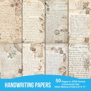 Puede incluir: Una colección de 50 papeles de escritura a mano de estilo vintage en formato JPEG, con motivos florales y de llaves, texturas envejecidas y texto manuscrito. Los papeles miden 8,5" x 11" y son aptos para uso comercial. Las palabras "HANDWRITING PAPERS" están en la parte inferior.