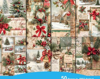 Vintage Christmas Junk Journal Kit, Printable Ephemera, Digital Download, Scrapbook Supplies, Holiday Crafting, Winter Journal Pages